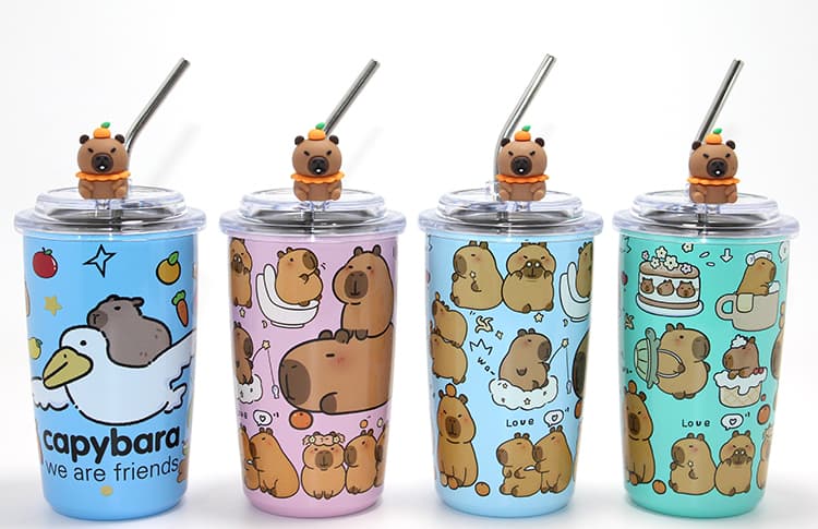 TTT Capybara Tasarımlı Çelik Kupa Bardak - Isı Yalıtımlı - Pipetli
