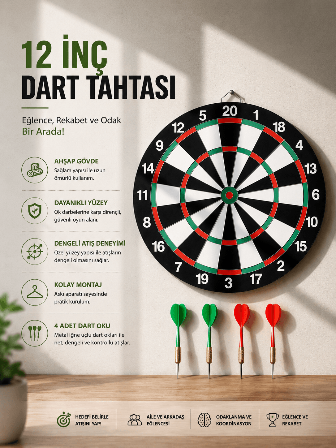 İnç Ahşap Dart Tahtası 4 Adet Metal Uçlu Dart Oku Dahil