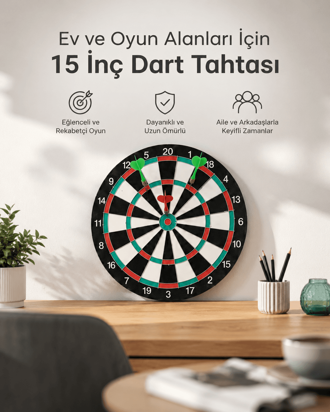 İnç Büyük Boy Dart Tahtası Ev Oyun Seti 4 Adet Metal Uç