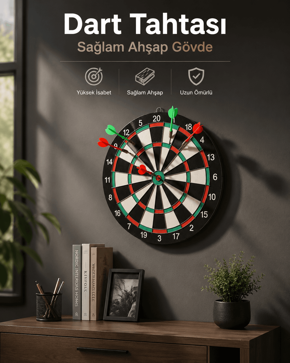 Duvara Monte Sağlam Ahşap Gövdeli Dart Tahtası Ev ve