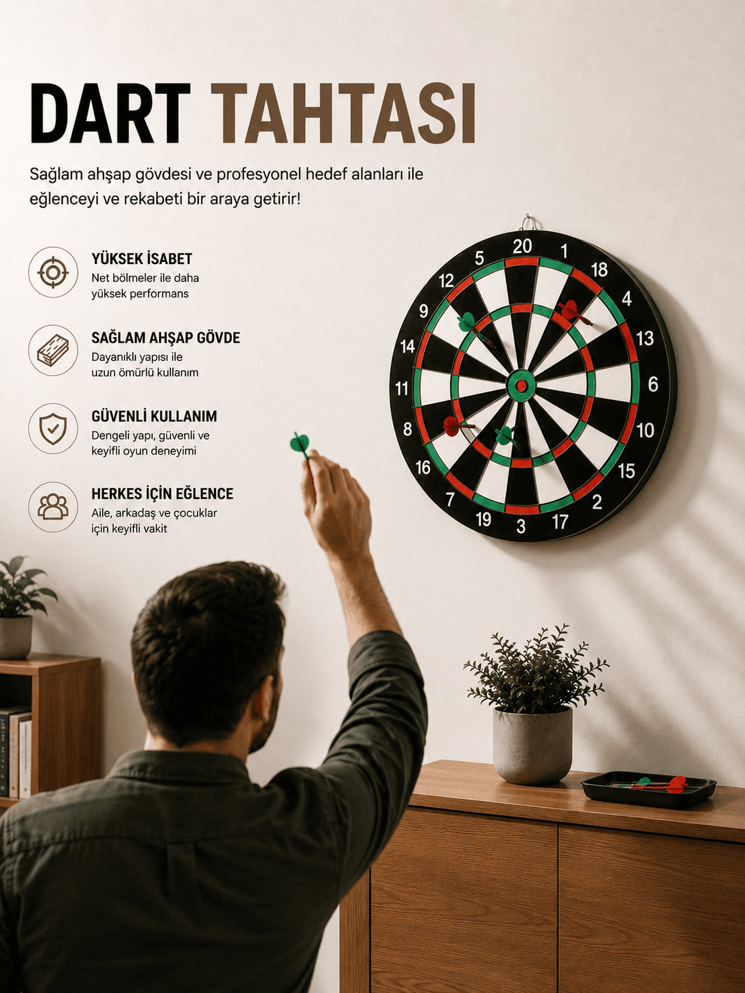 İnç Dart Tahtası Sağlam Ahşap Gövde ve Uzun Ömürlü