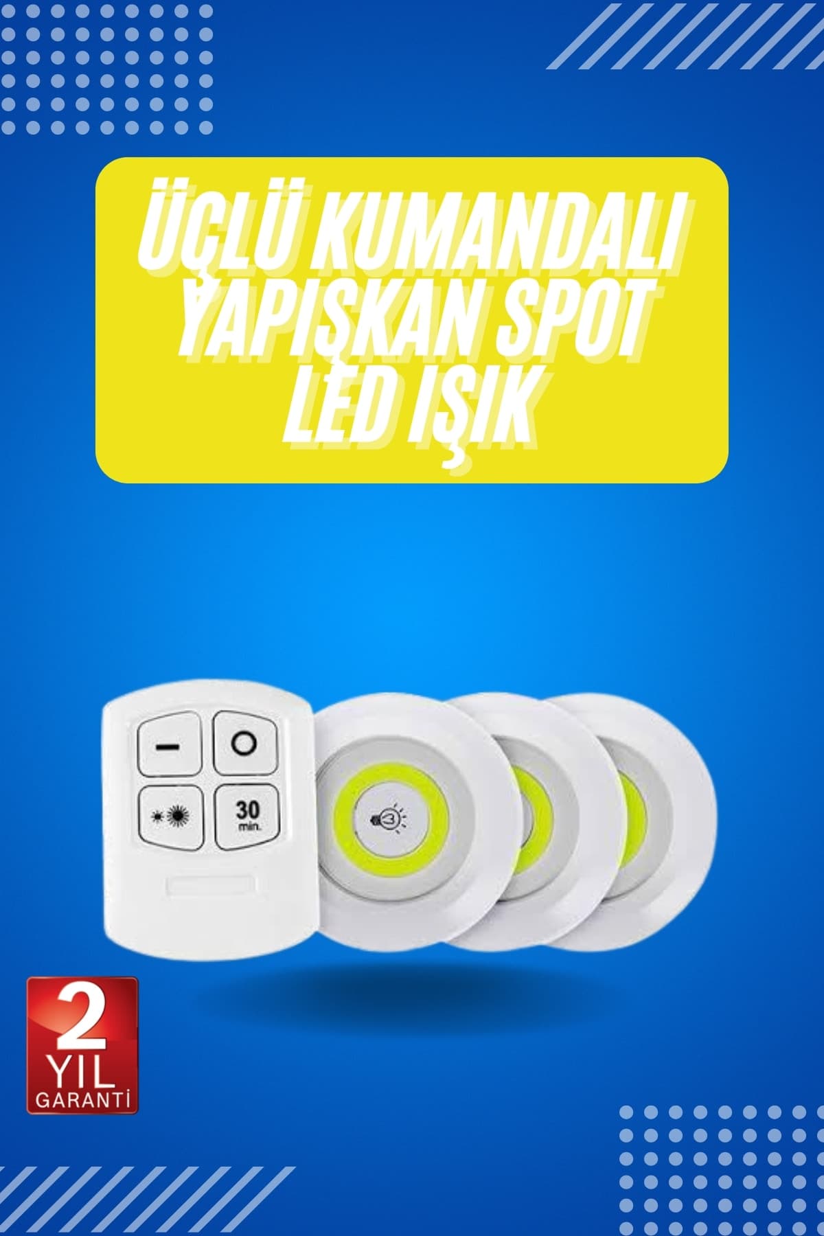 Yapışkanlı 3'lü Spot Led Işık Lamba Montajsız Pilli