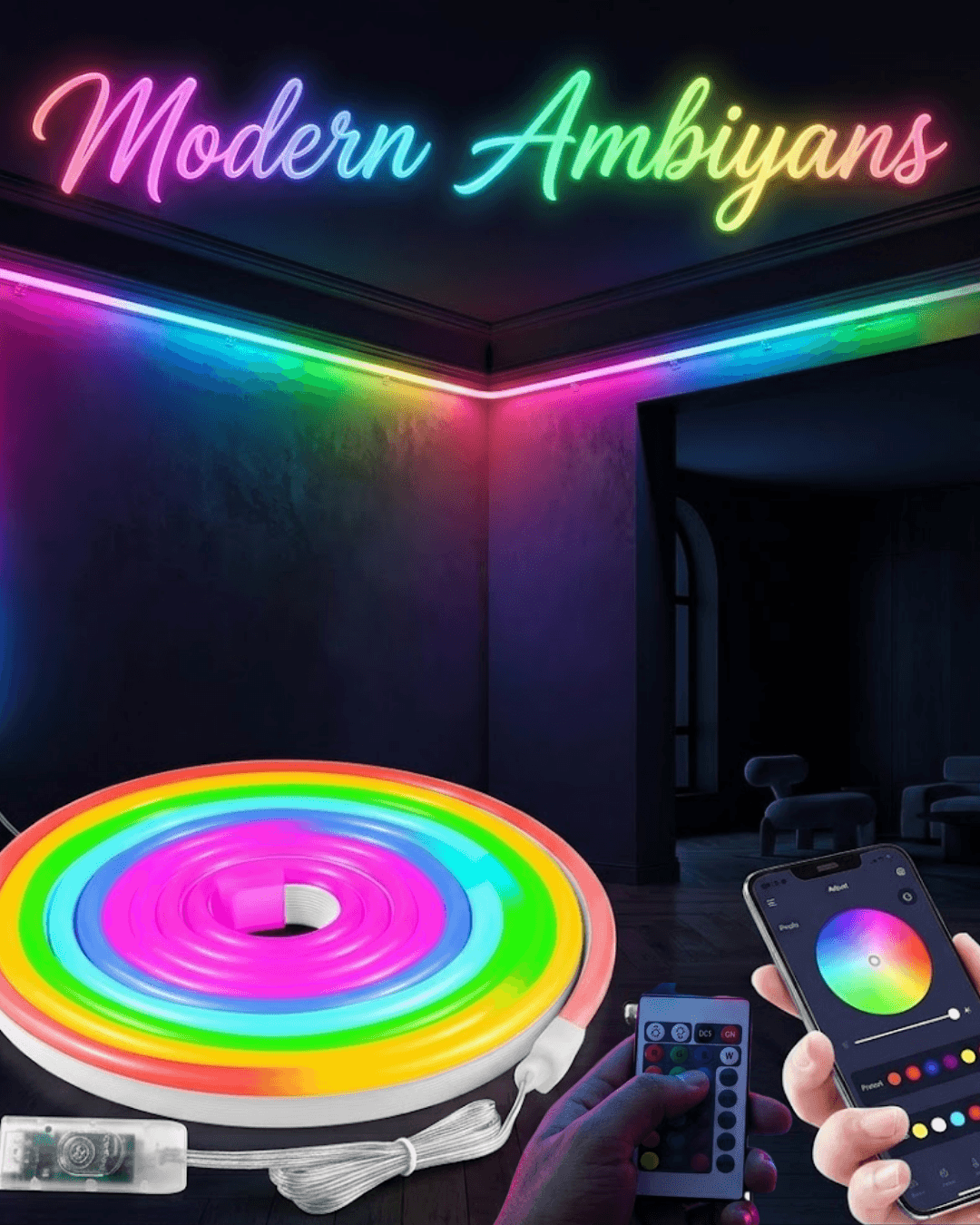 Dekoratif RGB LED Şerit Neon Işık 3 Metre Su Geçirmez