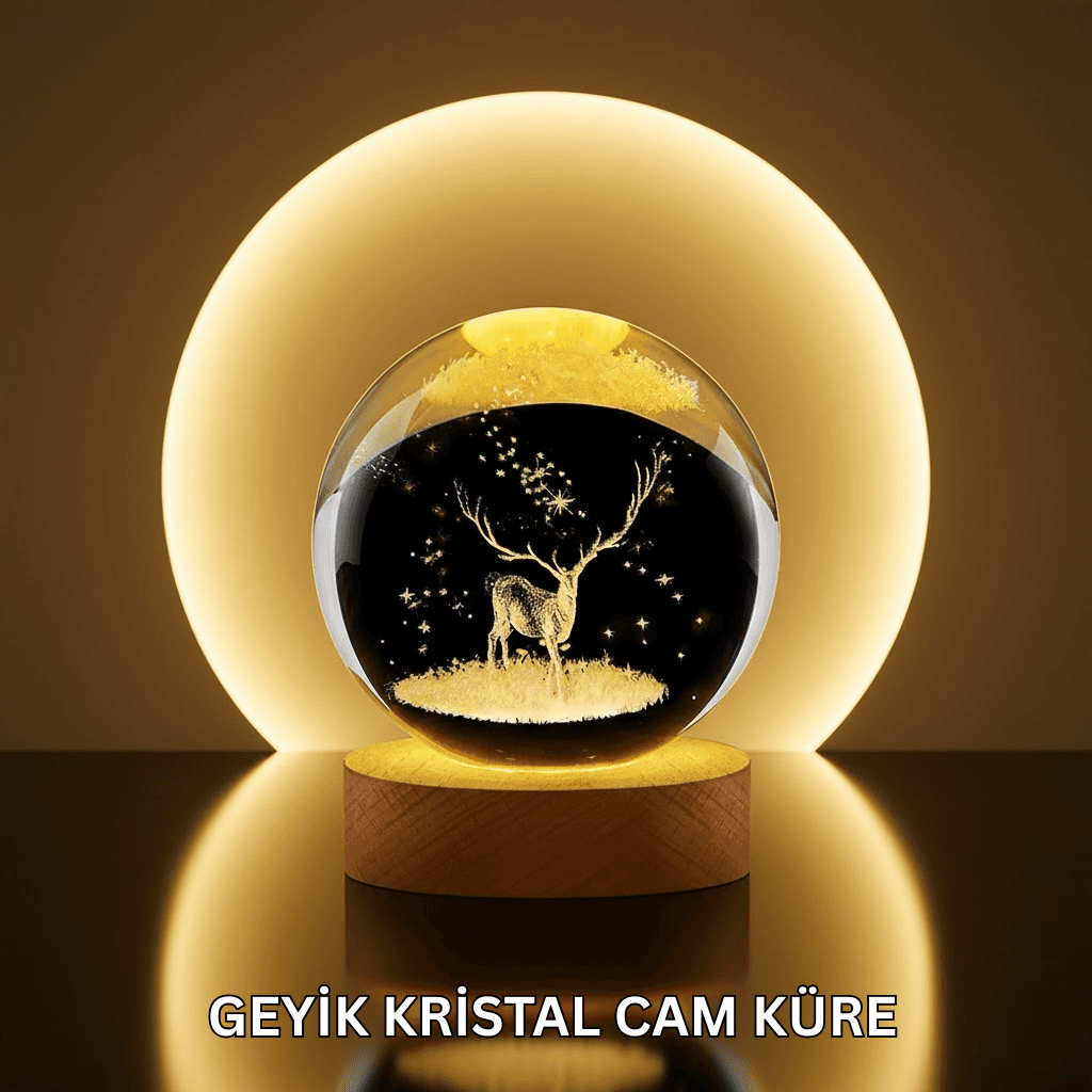 Doğal Ahşap Standlı Geyik Figürlü Kristal Küre LED