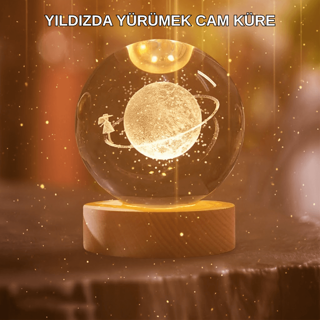 Kız Figürlü Sarı Cam Küre Işıklı Büyük Boy Ahşap